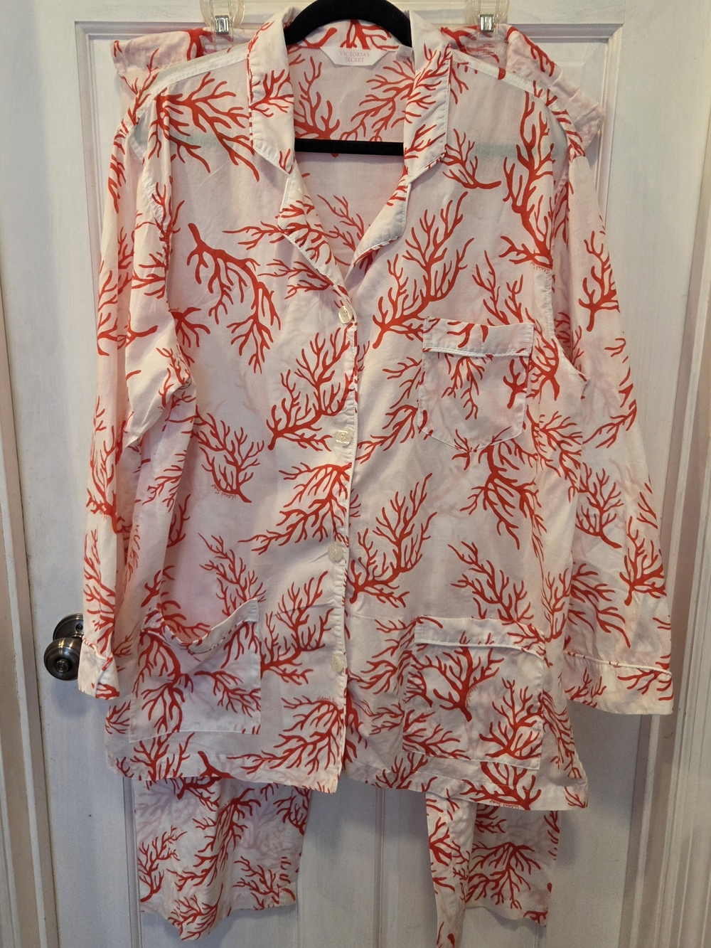 Victorias,Secret Coral Print Button-Up Pajama Set - White & Bright Coral Size L